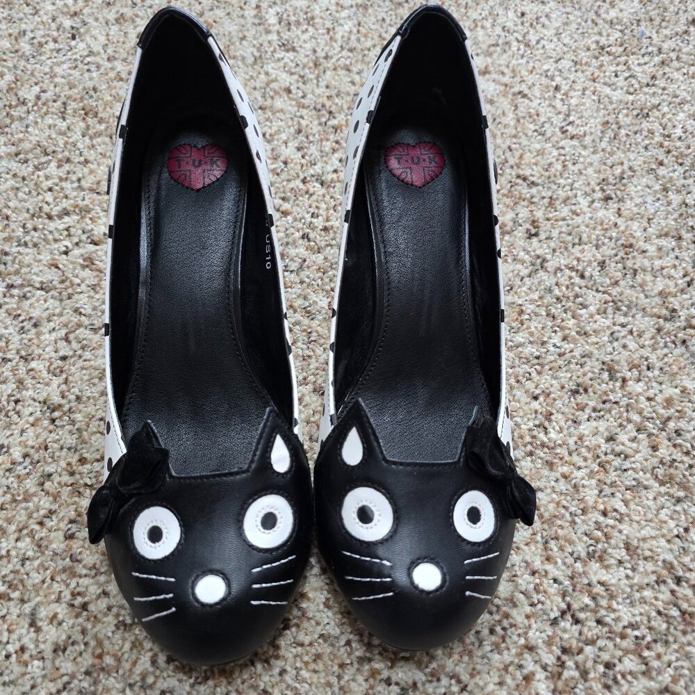 Ridiculously Cute TUK Cat Face Heels Black & White Polka Dot Size 10